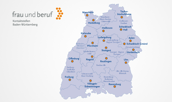 Eine Landkarte von Baden-Württemberg zeigt die über das ganze Land verteilte Beratungsstellen Frau und Beruf. In 2019 waren es  insgesamt 19 Standorte. 