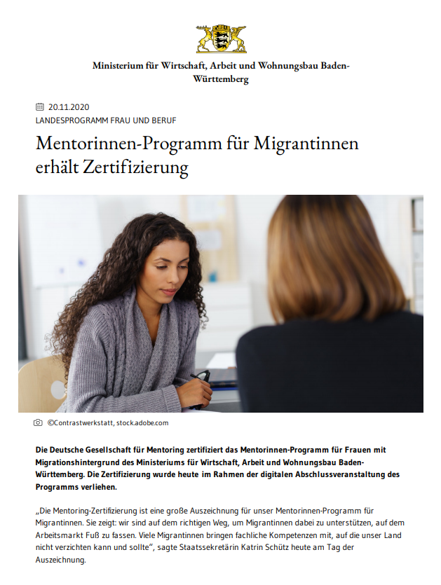 Mentorinnen-Programm für Migrantinnen erhält Zertifizierung der Deutschen Gesellschaft für Mentoring 